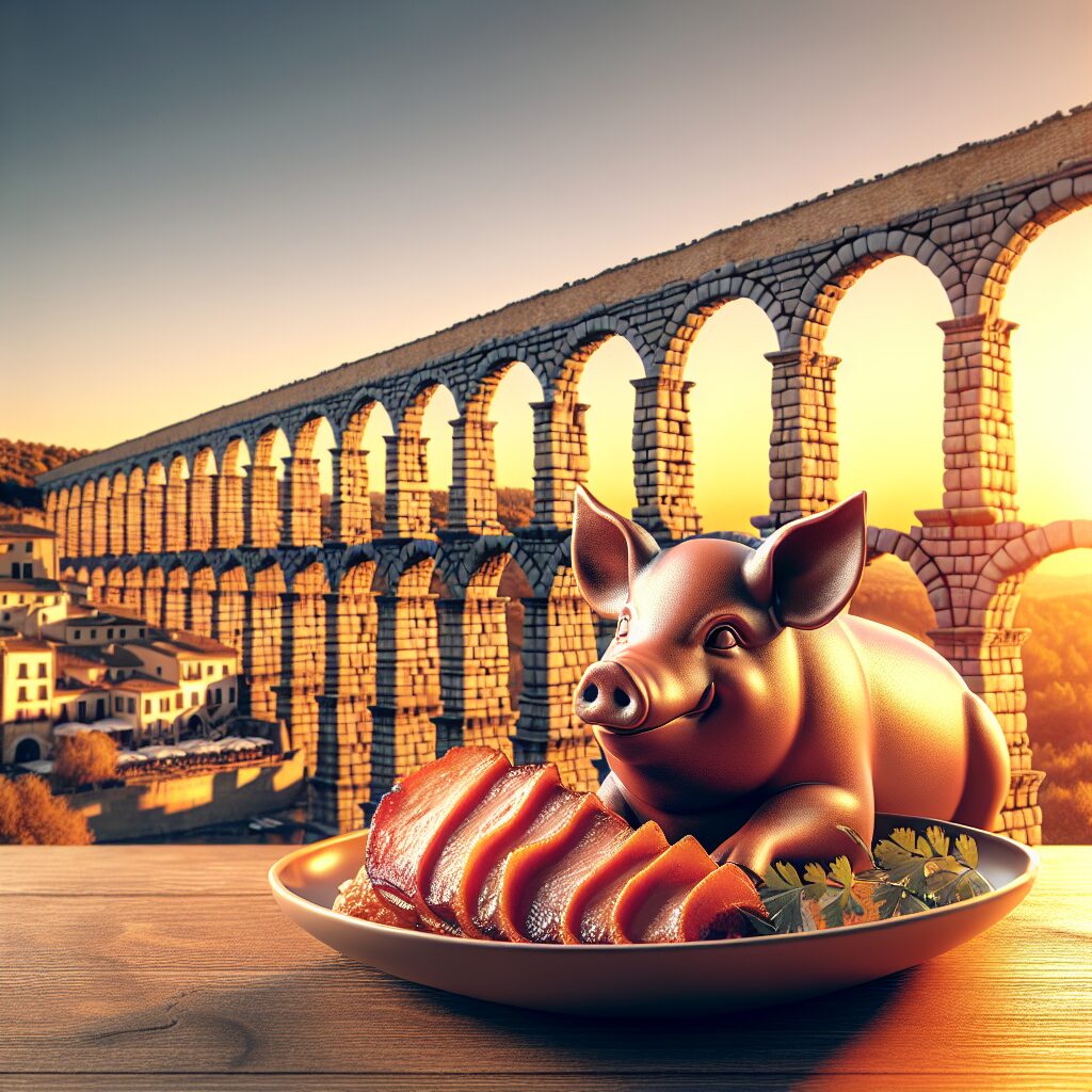 Ilustración digital del Acueducto de Segovia al atardecer con un estilizado plato de cochinillo asado en primer plano…
