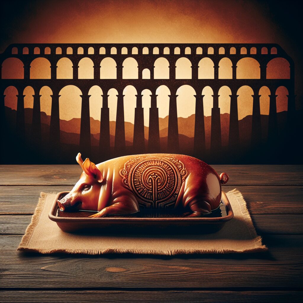 Un cochinillo asado entero, servido en una bandeja de cerámica rústica, sobre una mesa de madera oscura, con el perfi…