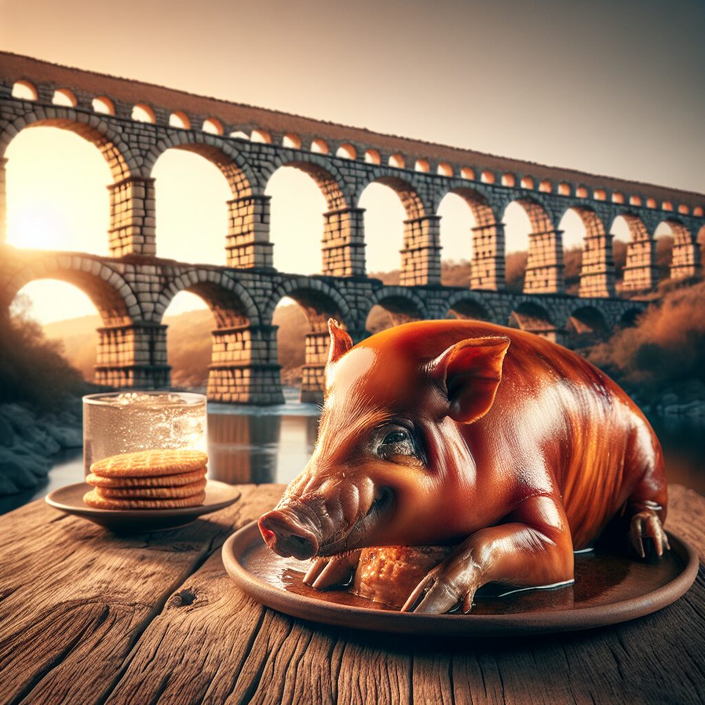 Un cochinillo asado dorado servido en una fuente de cerámica sobre una mesa de madera rústica, con el Acueducto de Se…