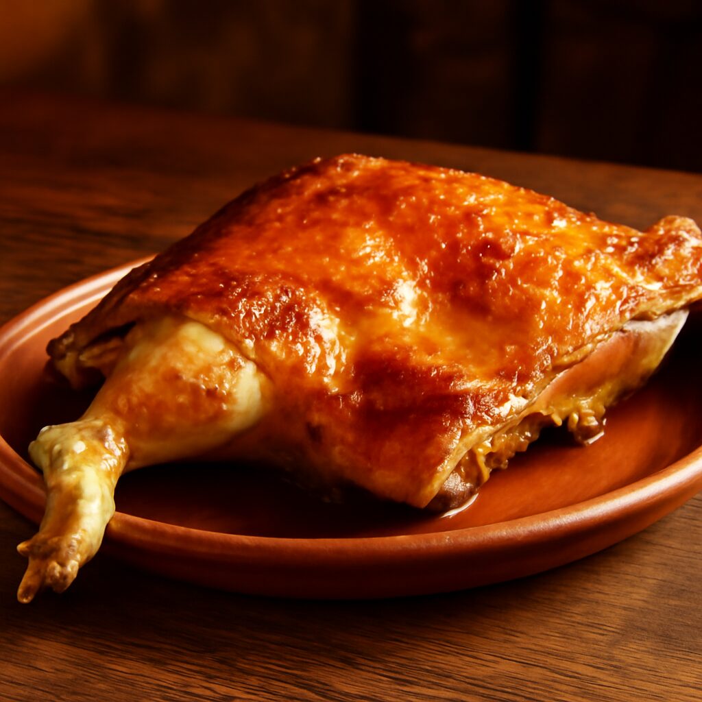 Plato tradicional con cochinillo asado visto de cerca: piel dorada y crujiente, mesa rústica de madera, luz cálida de…