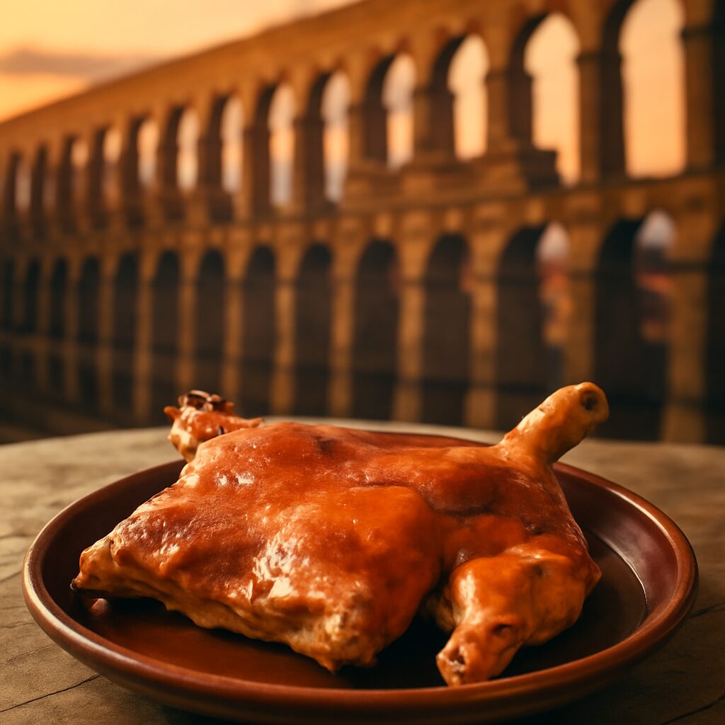 Plato tradicional con cochinillo asado en primer plano, piel dorada y crujiente, sobre una mesa rústica de madera; al…