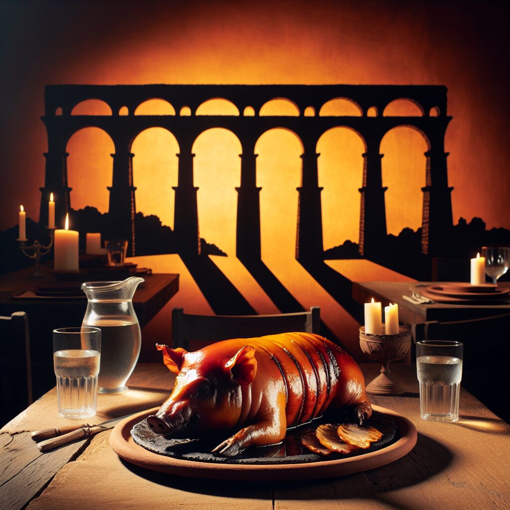 Un cochinillo asado servido en una fuente de barro sobre una mesa rústica, con el perfil estilizado de un acueducto d…