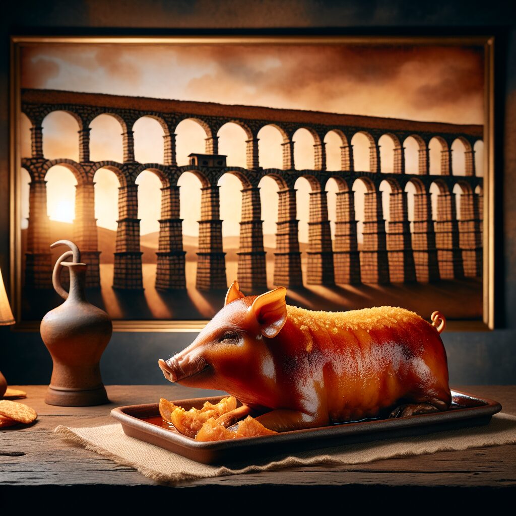 Un cochinillo asado dorado y crujiente servido en una bandeja de cerámica sobre una mesa rústica de madera, con una s…