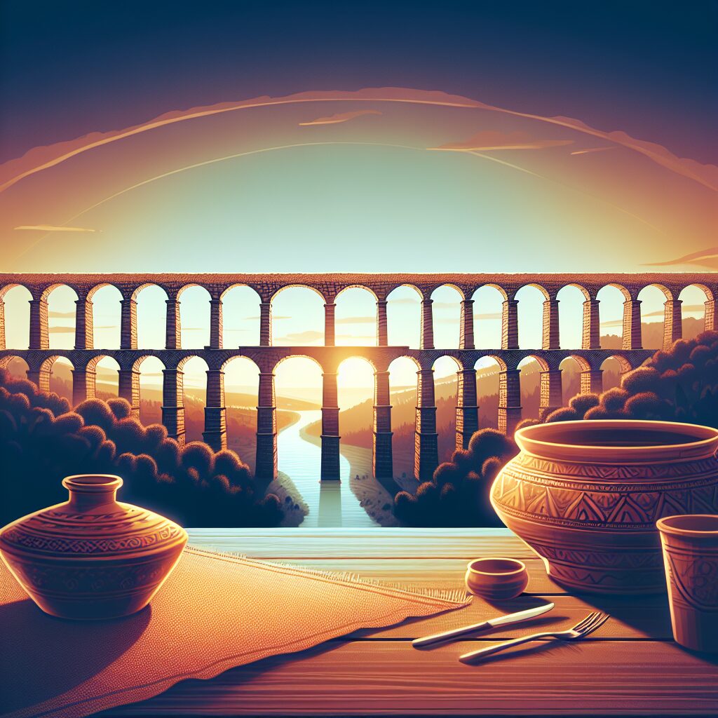 El Acueducto de Segovia al atardecer, iluminado suavemente, con un primer plano estilizado de una mesa tradicional y …