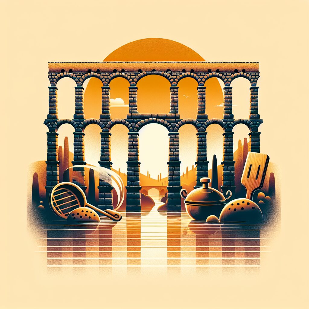 El Acueducto de Segovia al atardecer con tonos cálidos, luz dorada sobre los arcos, elementos estilizados que recuerd…