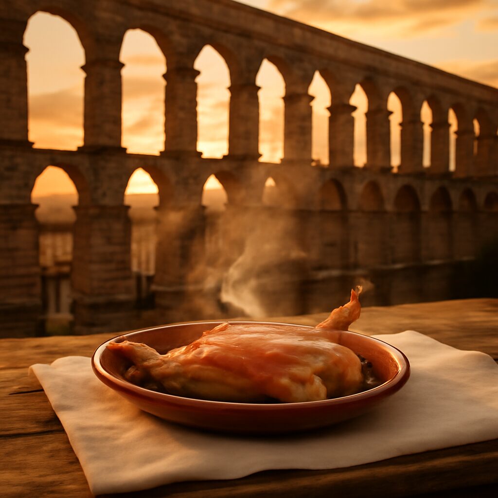 Composición editorial al atardecer del Acueducto de Segovia con una mesa rústica en primer plano, plato humeante de c…