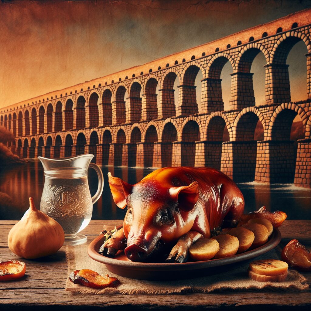 Un cochinillo asado dorado servido en una fuente de cerámica sobre una mesa de madera rústica, con un fondo estilizad…