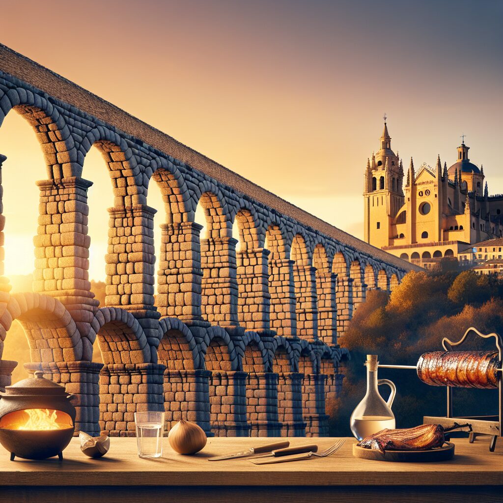 El Acueducto de Segovia al atardecer con luz dorada, el Alcázar y la Catedral insinuados en la distancia; en primer p…