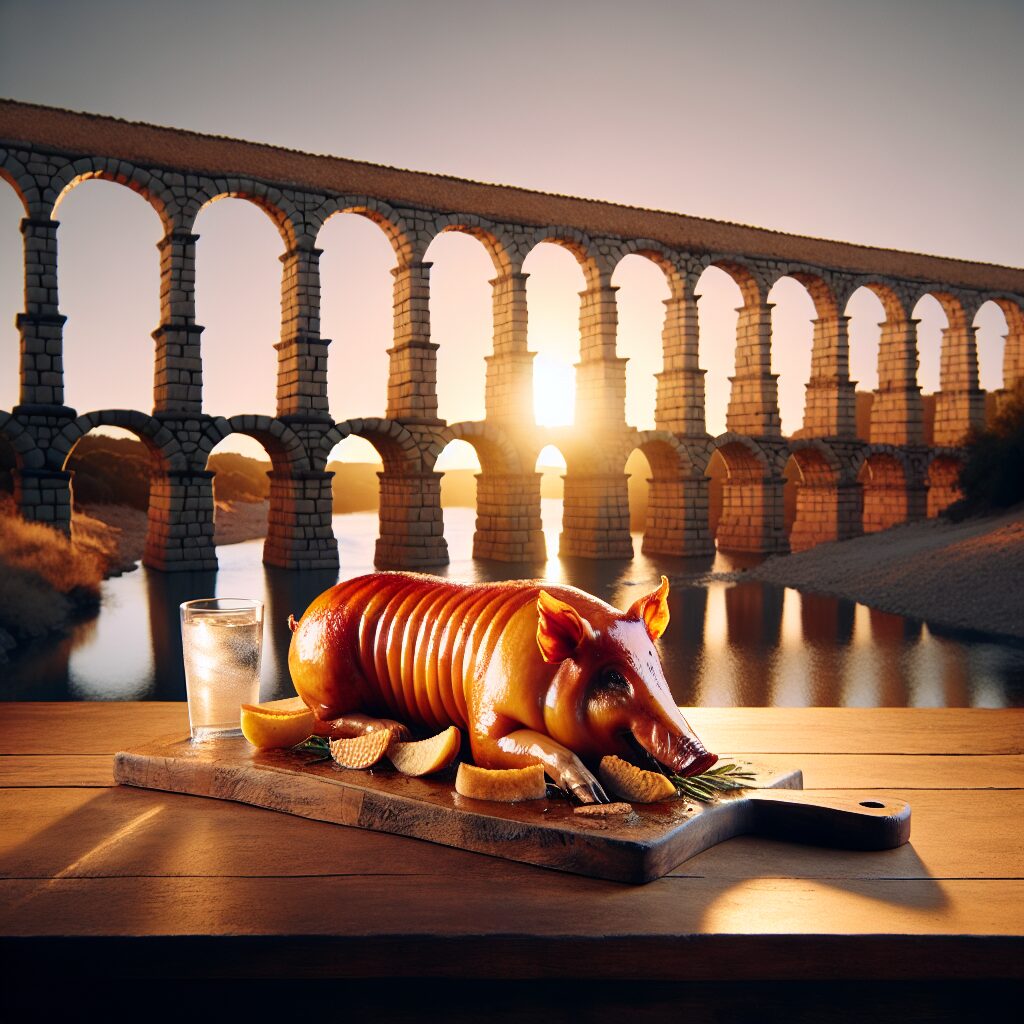 Un cochinillo asado dorado servido en una tabla de madera, sobre una mesa rústica frente a un acueducto estilizado al…