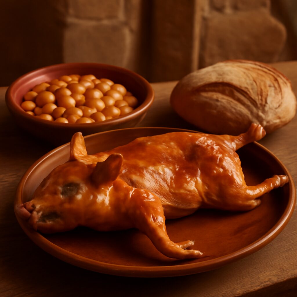 Plato rústico editorial con un cochinillo asado dorado en primer plano, fuente de judiones al lado y pan artesanal so…