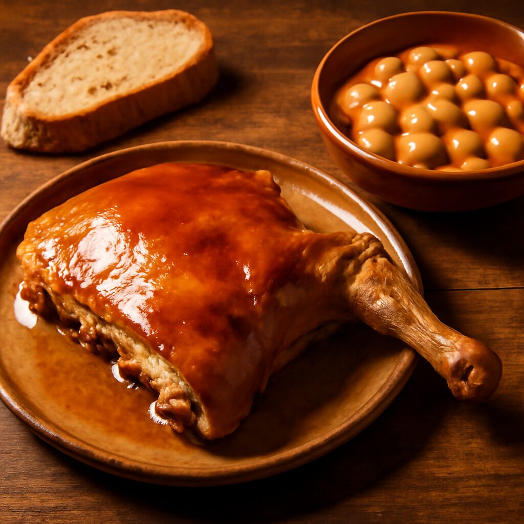 Plato editorial rústico sobre mesa de madera: primer plano de cochinillo asado con piel dorada y brillante, cuenco co…