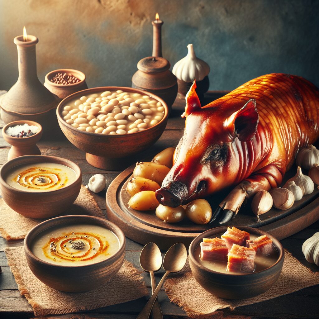 Mesa rústica castellana con platos tradicionales: cochinillo con piel crujiente, judiones cremosos y tazones de sopa …