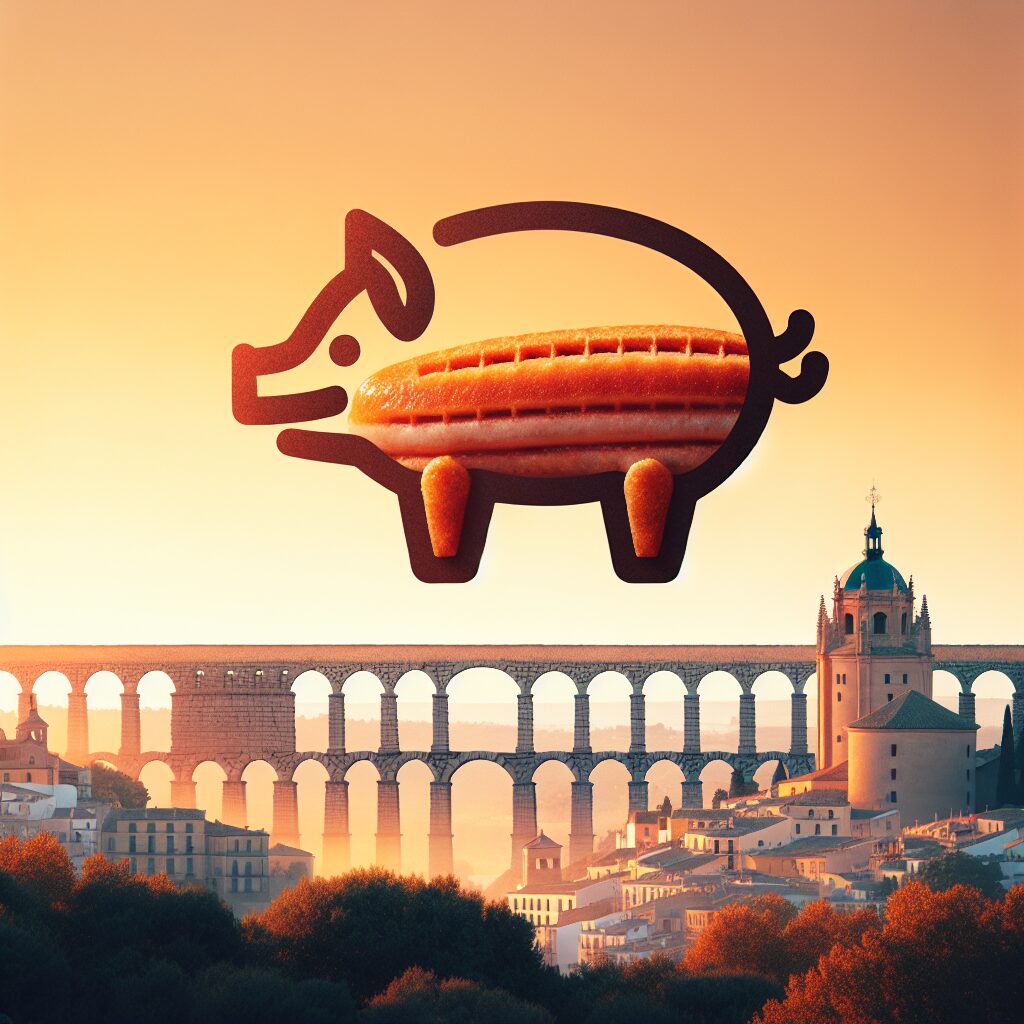 Vista del Acueducto de Segovia al atardecer con la silueta del Alcázar al fondo y un cochinillo asado estilizado en p…
