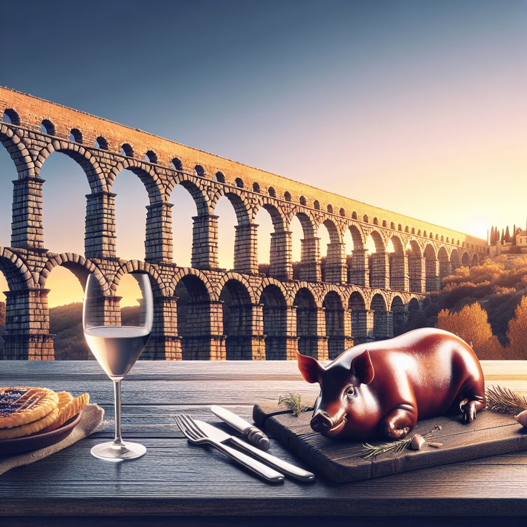 Una vista elegante y moderna del Acueducto de Segovia al atardecer, con una representación estilizada de un cochinill…