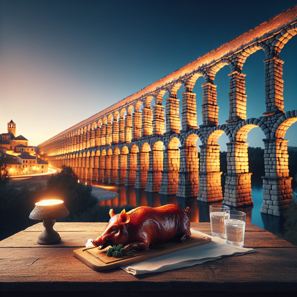 El Acueducto de Segovia iluminado al atardecer con una mesa rústica en primer plano que sostiene un cochinillo asado …