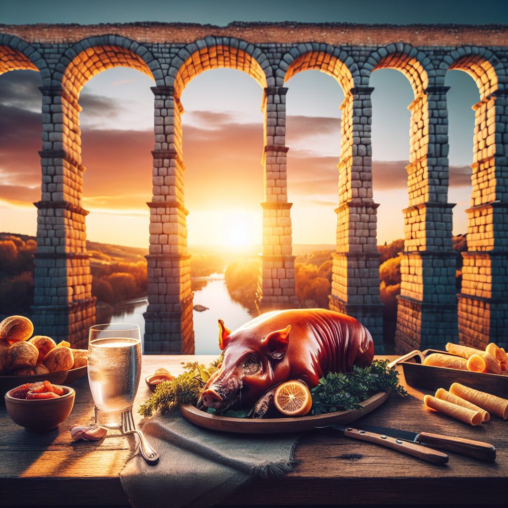 Vista estilizada del Acueducto de Segovia al atardecer con un plato de cochinillo asado colocado en primer plano sobr…