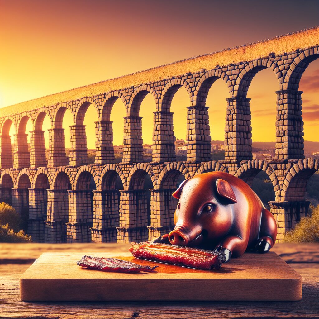 Una vista editada del Acueducto de Segovia al atardecer con tonos cálidos, y en primer plano un cochinillo asado esti…
