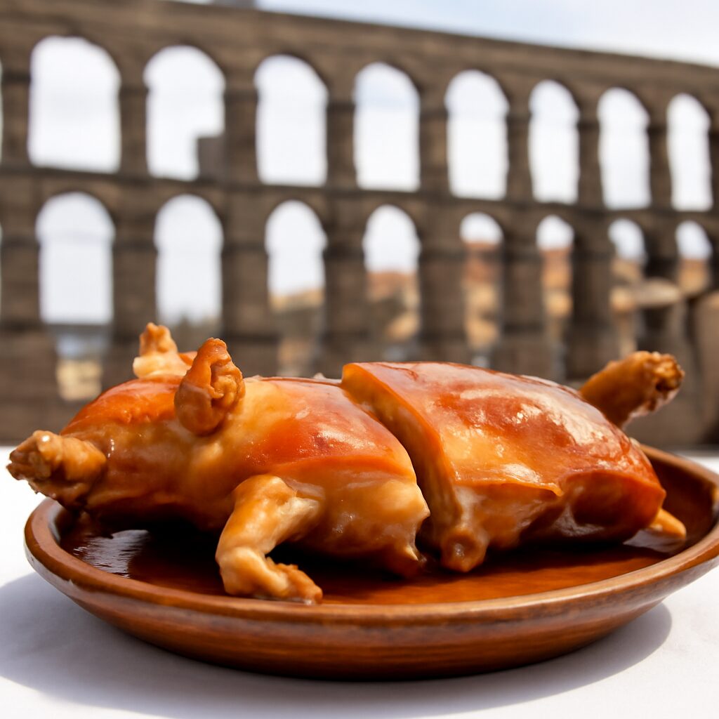 Imagen de un plato de cochinillo asado cortado según la tradición en el Mesón de Cándido. Al fondo, desenfocado, se a…