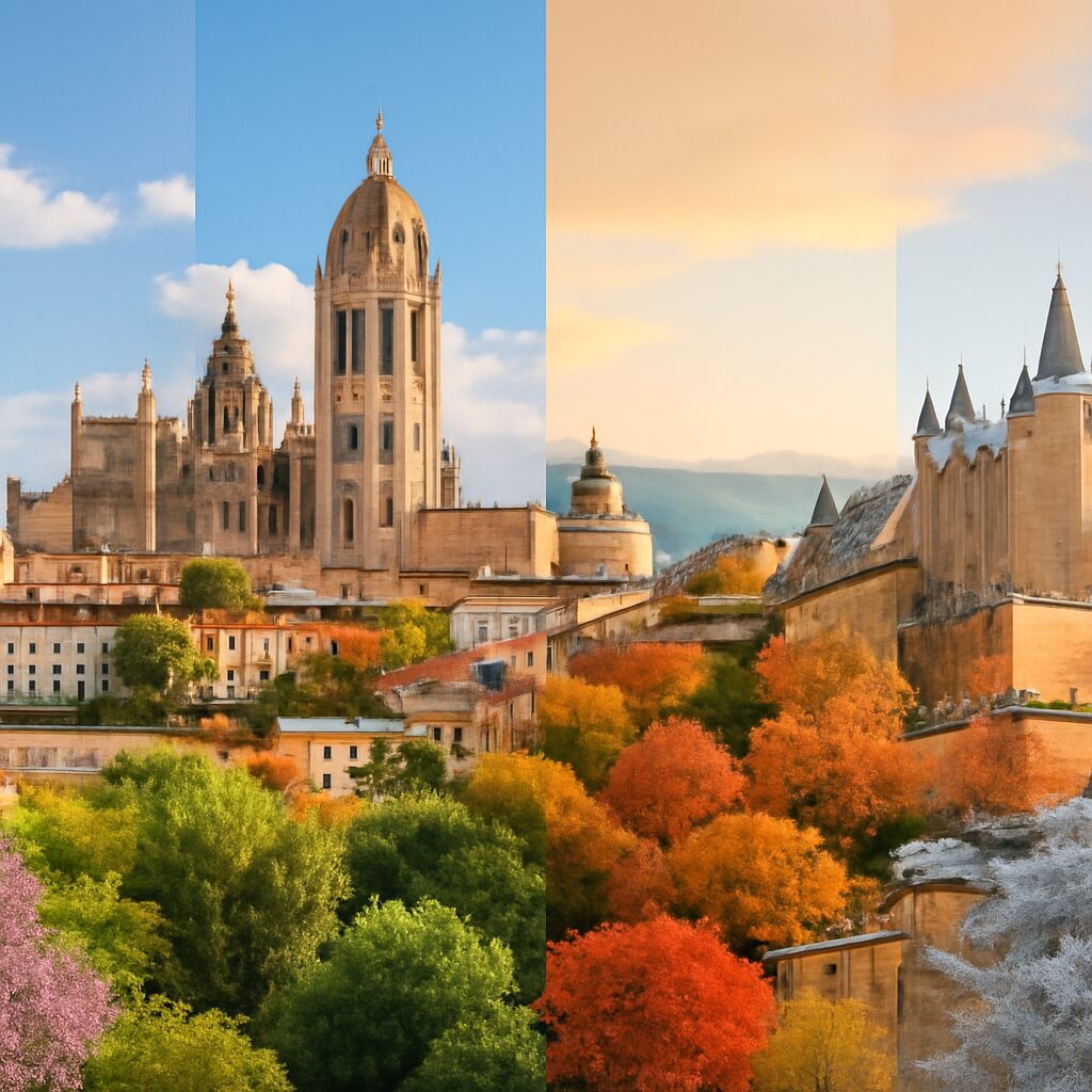 Imagen panorámica de Segovia, con su Acueducto Romano, Catedral y Alcázar, rodeada por los colores cambiantes de las …