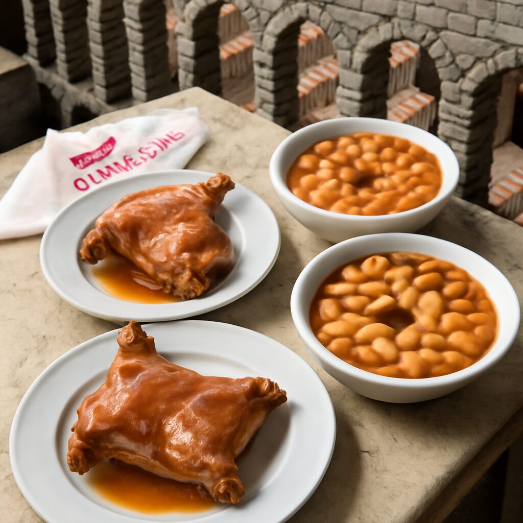 Un plano cenital del Mesón de Cándido con platos de cochinillo asado y judiones de La Granja. Al fondo, el histórico …