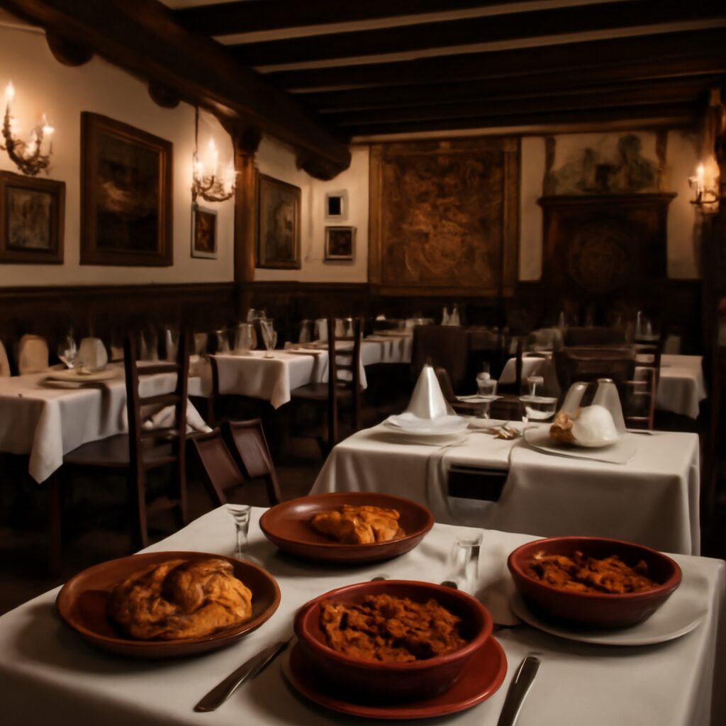 Interiores evocadores del Mesón de Cándido con mesas elegantemente dispuestas, servidas con platos tradicionales de c…
