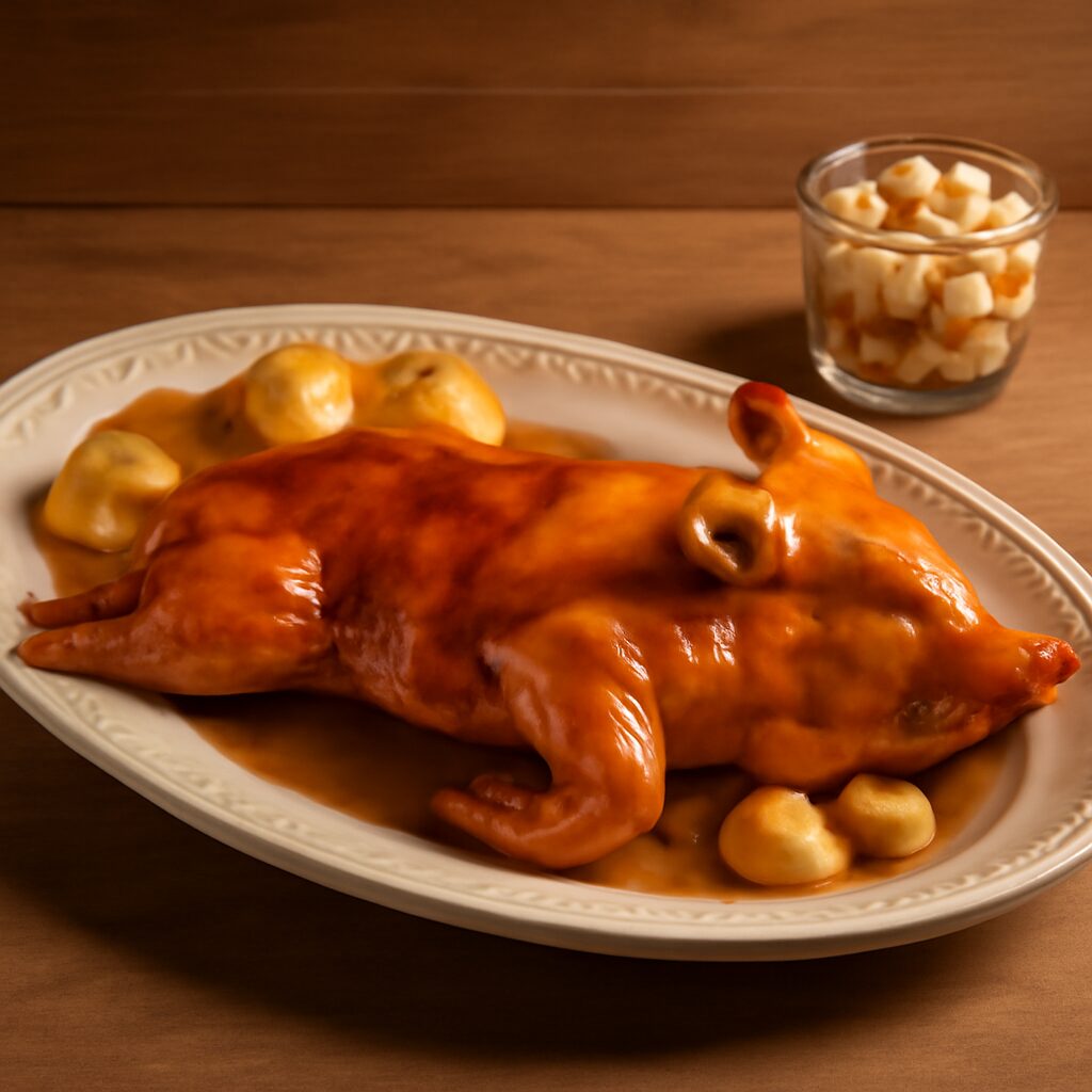 Plato editorial elegante con un primer plano de cochinillo asado dorado sobre fuente clásica de cerámica, acompañamie…