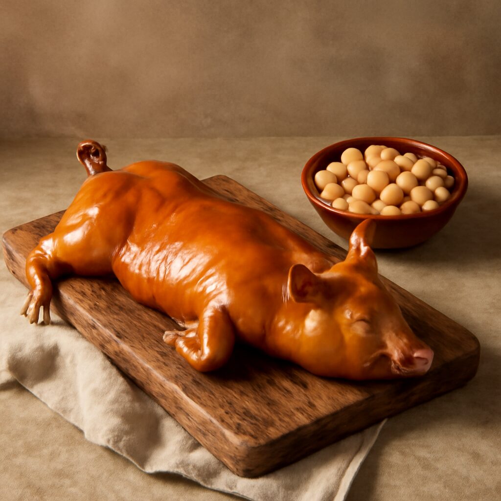 Plato editorial: cochinillo asado dorado sobre tabla de madera rústica, acompañado de judiones en pequeño cuenco de c…