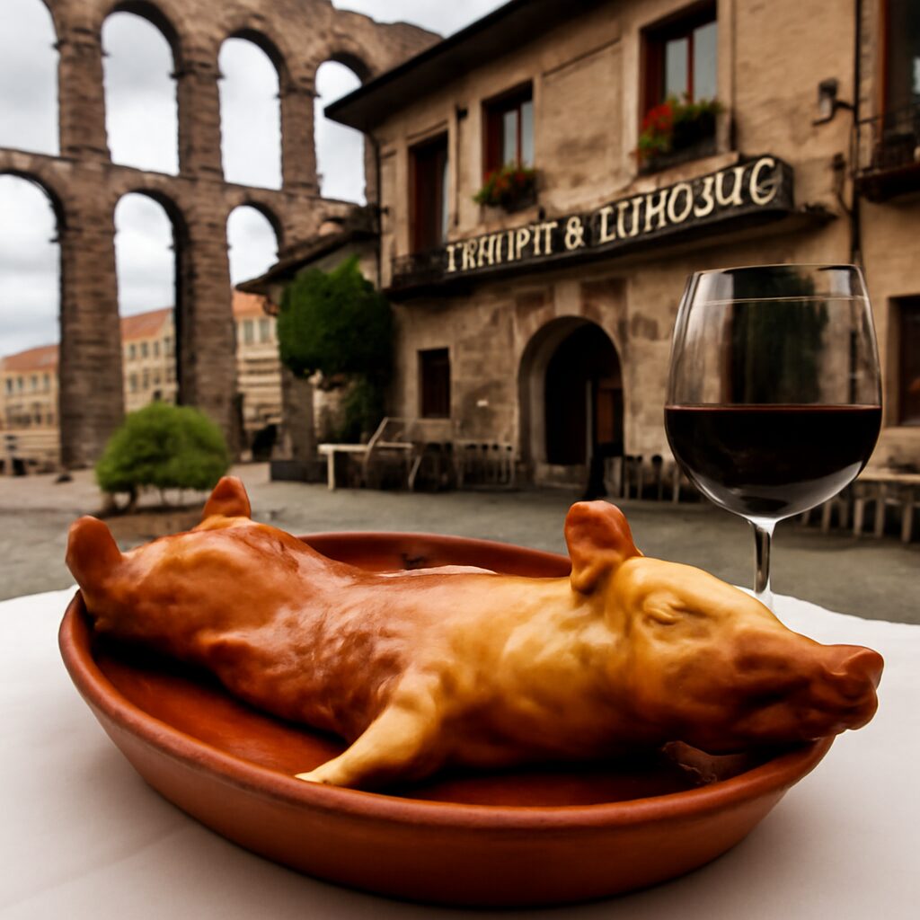 Una vista del Mesón de Cándido con el Acueducto de Segovia en el fondo. Primera plana de un cochinillo asado servido …