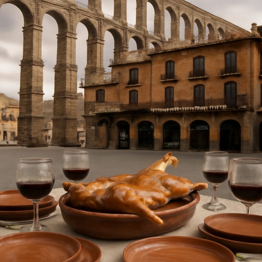 Una panorámica del Mesón de Cándido bajo la majestuosidad del Acueducto de Segovia. Detalle de una mesa, con un cochi…