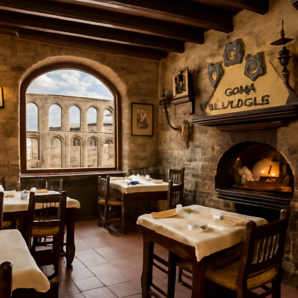Imaginemos una vista panorámica del histórico Mesón de Cándido, con la grandiosa vista del Acueducto de Segovia al fo…