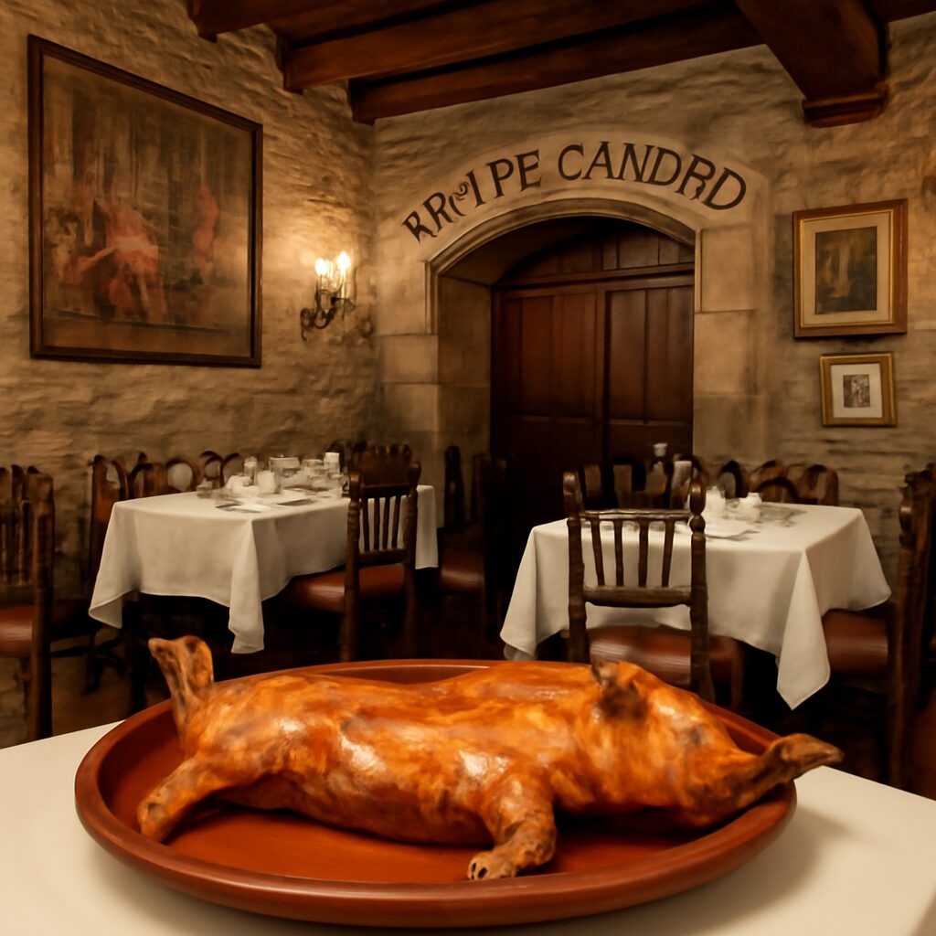Un elegante comedor de estilo castellano, con sus paredes de piedra y vigas de madera, en el corazón del Mesón de Cán…