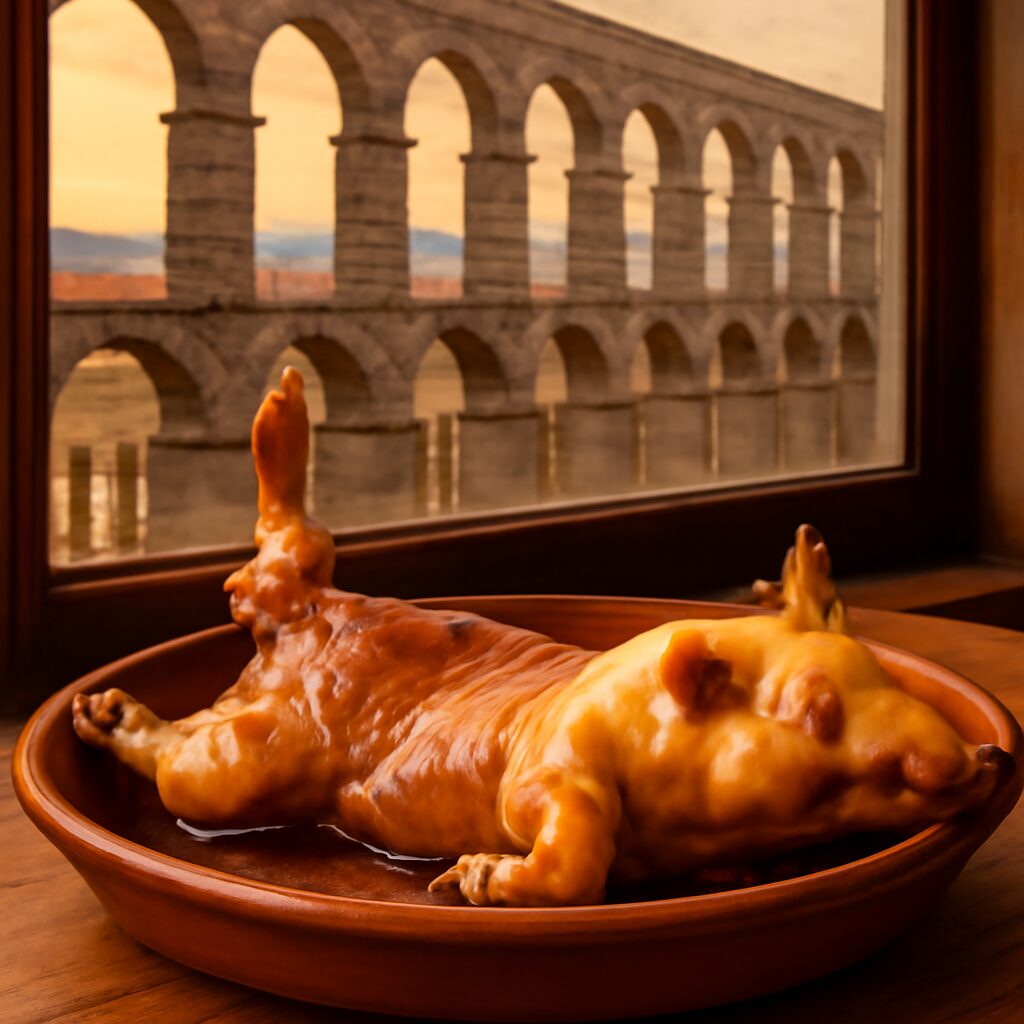 Imagen con tonos cálidos de un plato de cochinillo asado servido en una clásica bandeja de barro sobre una mesa de ma…
