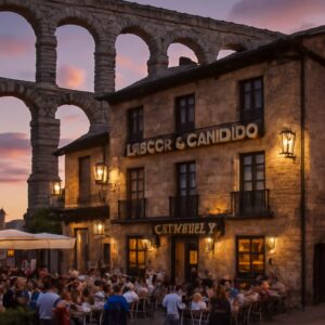 Vista del Mesón de Cándido bajo el Acueducto de Segovia, con su fachada de piedra iluminada por faroles, terraza llen…