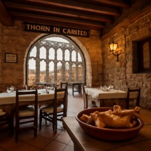 Una vista del Mesón de Cándido con el Acueducto de Segovia en el fondo. El restaurante es una hermosa construcción de…