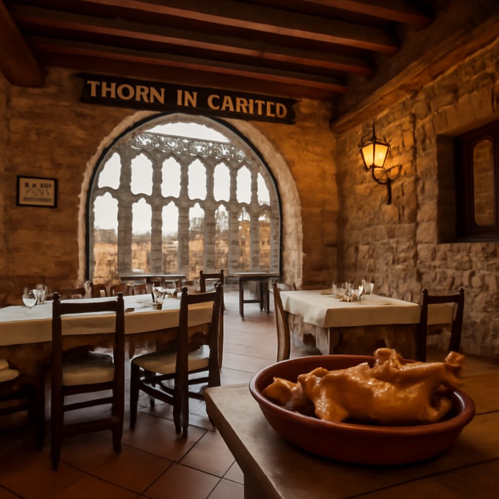 Una vista del Mesón de Cándido con el Acueducto de Segovia en el fondo. El restaurante es una hermosa construcción de…