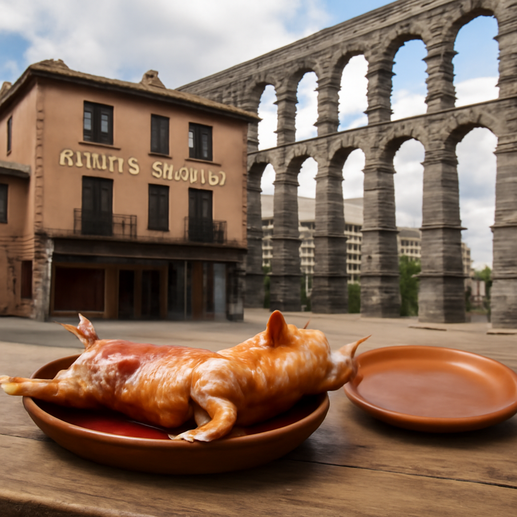 Imagen del cochinillo asado sobre una mesa rústica, con el tradicional plato de cerámica listo para partirlo. En el f…