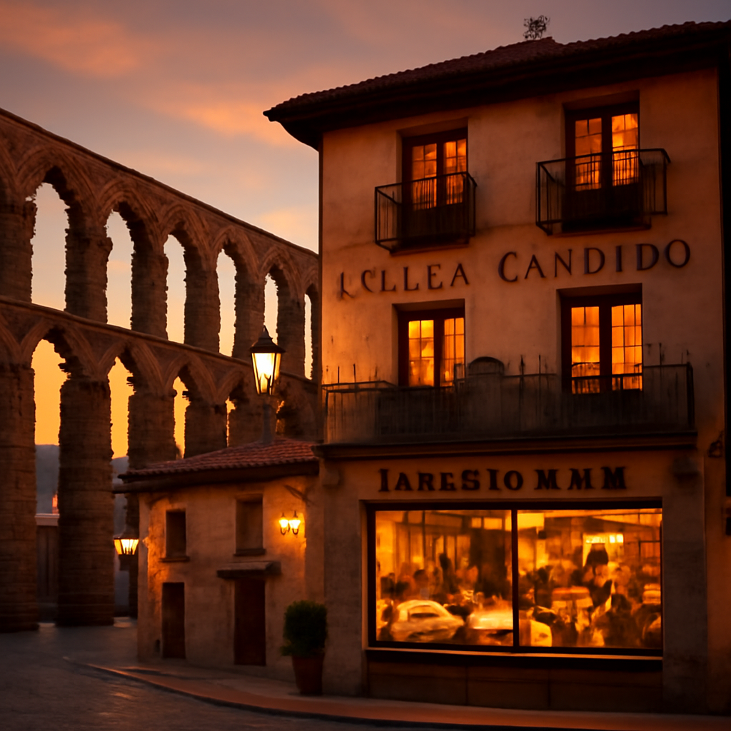 Imagínate al Mesón de Cándido a la luz del atardecer, con el majestuoso Acueducto de Segovia en el fondo. En la parte…