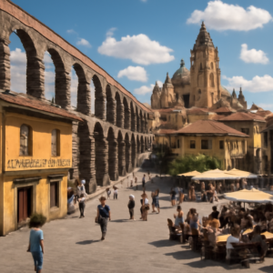 Imagen panorámica de Segovia con su acueducto, catedral y vistas destacadas. Los transeúntes disfrutan de un paseo o …