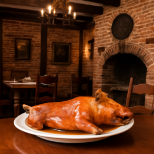 Un clásico salón castellano con paredes de ladrillo y maderas vigas en el techo. En primer plano, un plato de cochini…