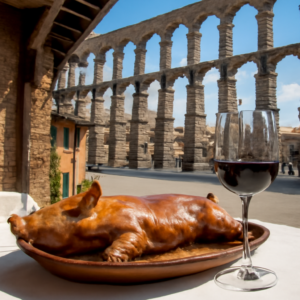 Imagen ambientada en el histórico Mesón de Cándido. Mostrar detalladamente un cochinillo asado con una piel dorada y …