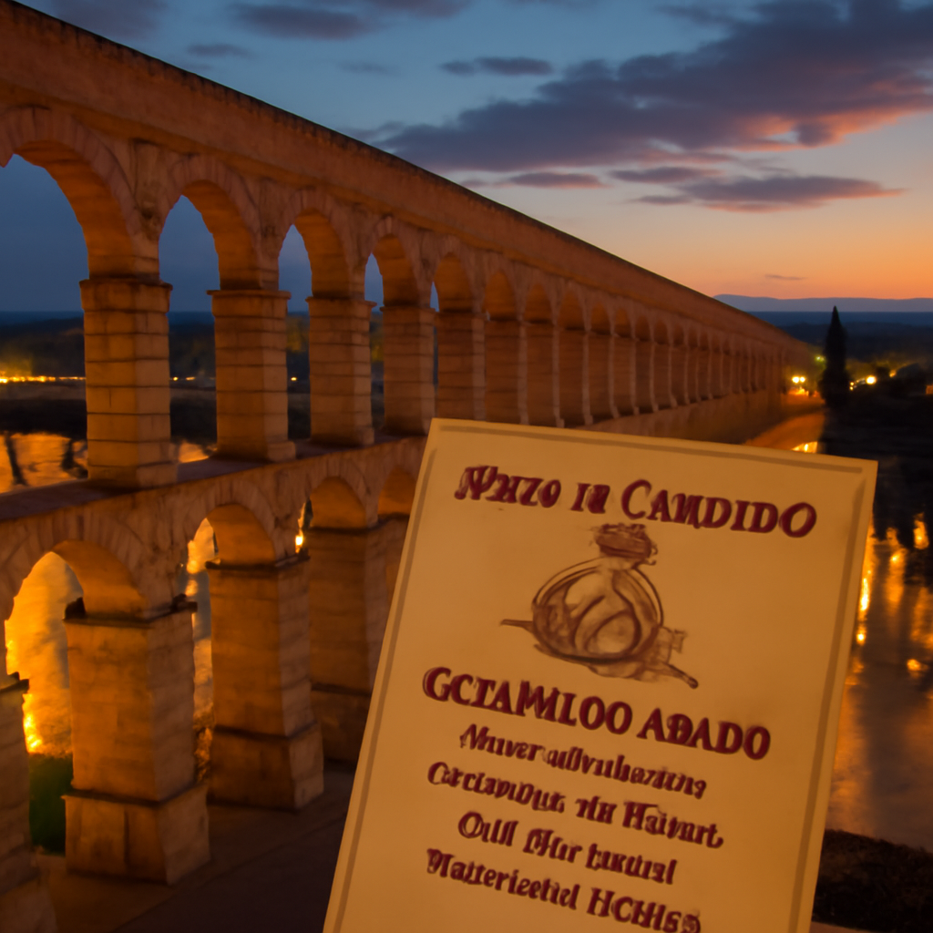 Vista del impresionante Acueducto de Segovia al atardecer, con las luces de la ciudad empezando a encenderse. En el p…