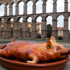 Un cochinillo asado con su característica piel dorada y crujiente en una bandeja de barro, con el acueducto de Segovi…
