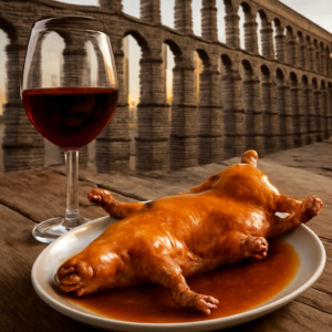 Un plato de cochinillo asado bañado en su jugo, al lado de una copa de vino tinto, en un fondo rústico de madera con …
