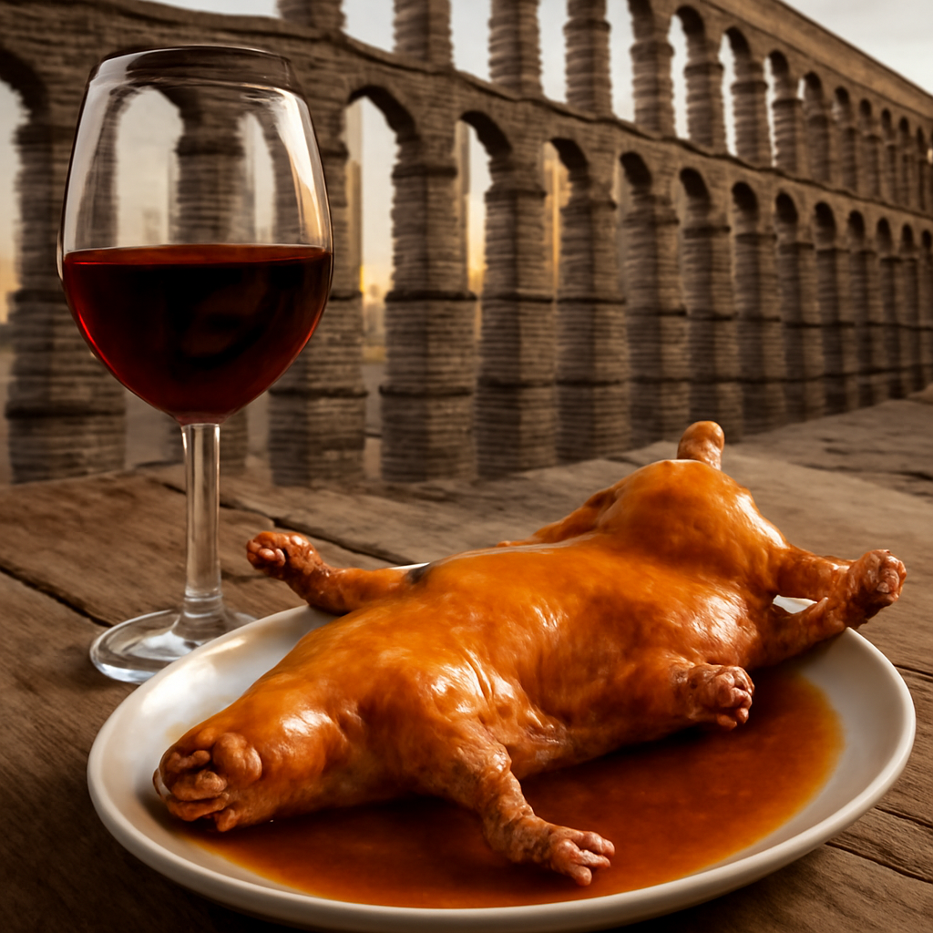 Un plato de cochinillo asado bañado en su jugo, al lado de una copa de vino tinto, en un fondo rústico de madera con …