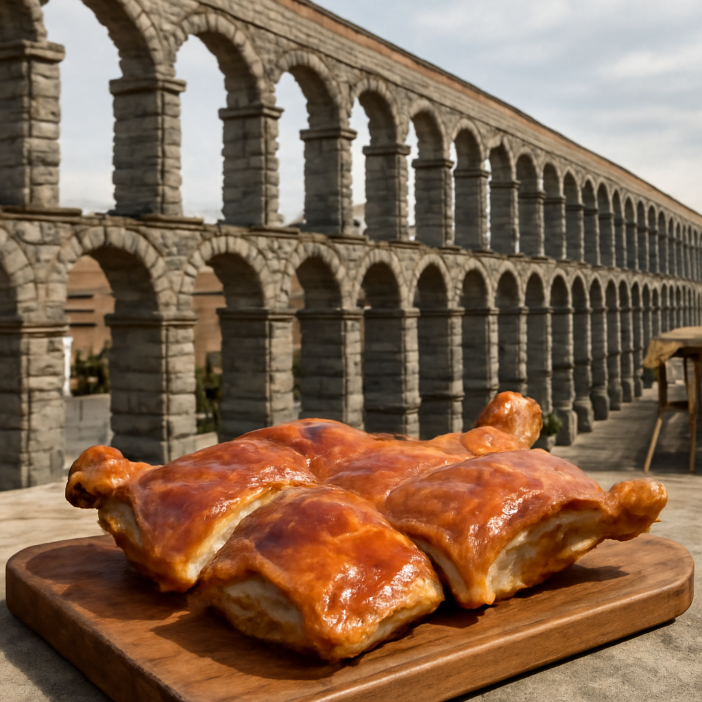 Un plato de cochinillo asado, con su piel dorada y crujiente, se sirve en una tabla de madera rustica. En el fondo, e…