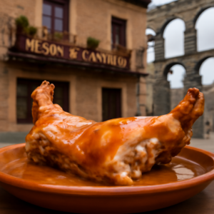 Primer plano de un plato con cochinillo asado recién preparado, con las paredes del Mesón de Cándido y parte del Acue…