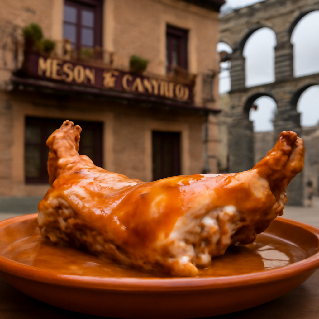 Primer plano de un plato con cochinillo asado recién preparado, con las paredes del Mesón de Cándido y parte del Acue…