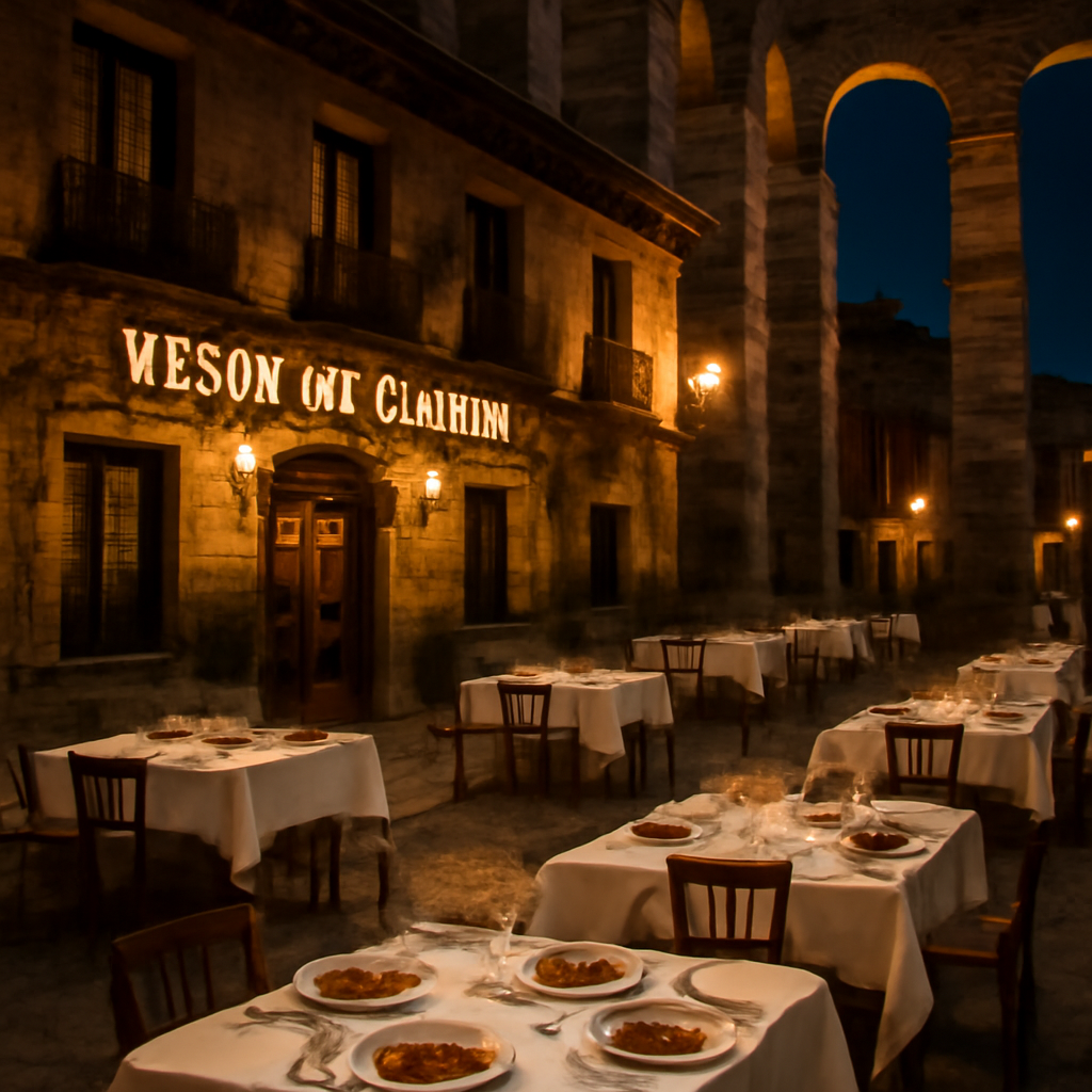 Mesón de Cándido bajo el acueducto con calles empedradas de Segovia, mesas elegantes y cuidadosamente dispuestas, luz…