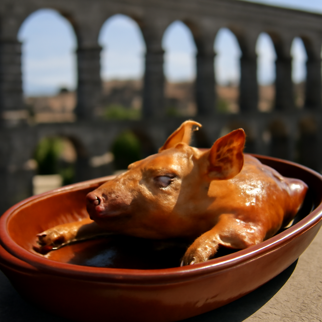 Imagen evocadora de un cochinillo asado servido en una cazuela de barro, con el fondo desenfocado del acueducto de Se…