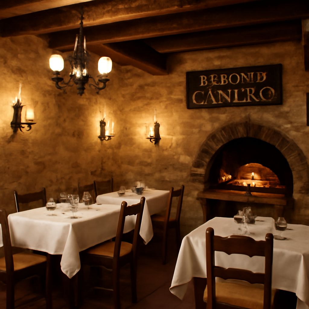 Interior rústico y acogedor del Mesón de Cándido. Paredes de piedra con vigas de madera, lámparas de hierro fundido y…